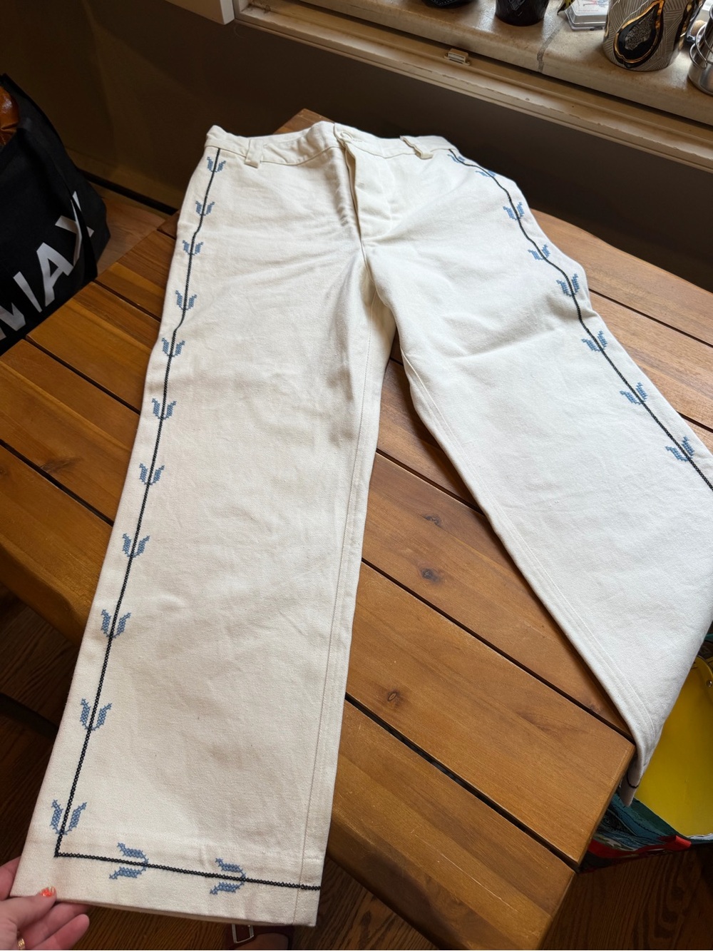 Caron Callahan White Straight Leg Pants with Blue Embroidered Trim
